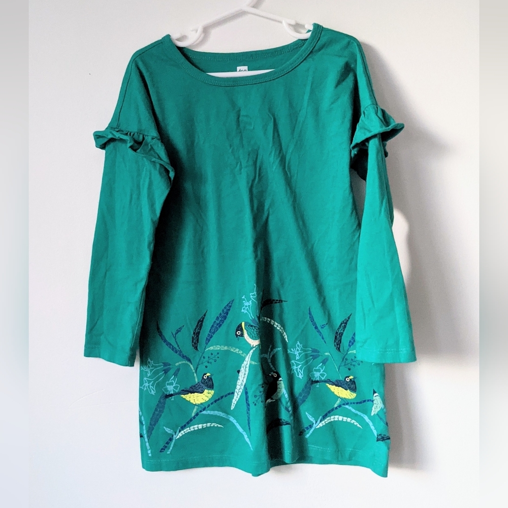 Tea Collection Long Sleeve Dress Green Bird Print Size 5